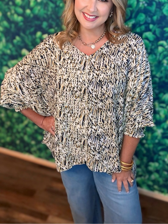 Cotton Bleu Tops - V-Neck Abstract Print Tunic in Black, Sage, and Cream Top 3XL